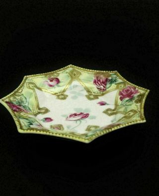 Antique Nippon Hand Painted Candy Nut Trinket Dish Gold Bead Pink Roses Ornate 3