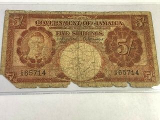 1940 Govt Of Jamaica Five Shillings 5/ - George Vi,  Rare British Colony Note