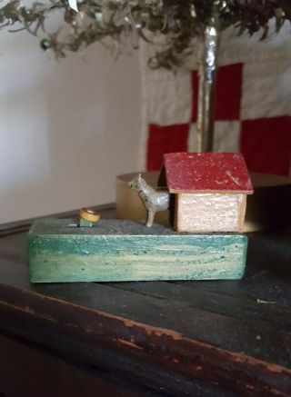 Rare Antique German Erzgebirge Putz Wood Dog Toy House Mechanical