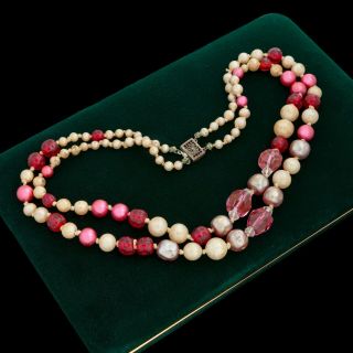 Antique Vintage Deco Sterling Silver Faux Pearl Pink Glass Beaded Necklace 45g