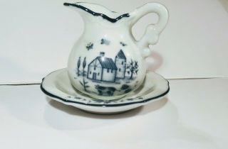 Vintage Mini Decorative Ceramic Pitcher And Bowl Set White Wash Basin