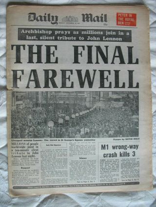 Daily Mail Newspaper.  John Lennon Death.  Dec 15th 1980.  Beatles.  Rare