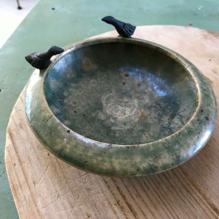 6.  5 " Vintage Studio Made Green Ceramic Pottery Bowl W 2 Blackbirds N Edge Signed