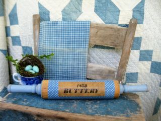 Antique Wood Rolling Pin Chambray Blue Milk Paint Calico Sleeve Buttery Label