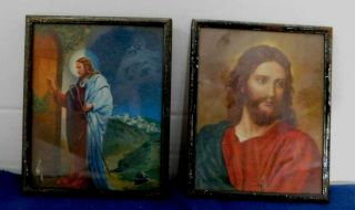 2 Small Vtg Antique Framed Jesus Picture Religious 4 1/4 X 5 1/4 " Home Decor