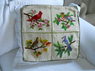 Vintage Mid Century Embroidered Throw Pillow Birds On Linen Avocado Trim
