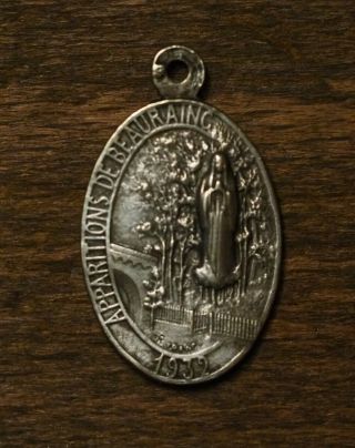 Antique Religious Silvered Medal Pendant Our Holy Lady Of Beauraing 1932