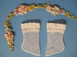 Antique Cotton French Lace Doll Stockings,  Anklets 1.  25 Inch Long Foot 3.  5 Cm.