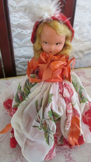 Vintage Nancy Ann Storybook Doll,  7 ",  Bisque,  Rose Dress,  Red Hat,
