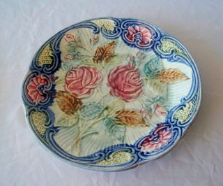 Antique Majolica Pottery Plate W Pink Roses