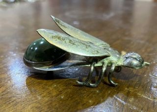 Rare Vintage Mexico Sterling Silver Dark Green Stone Large Bug Insect Brooch Pin