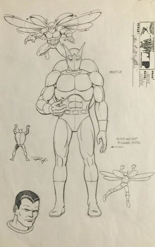 Rare Orig Spider - Man Cartoon Russ Heath Character Design Art Beetle Villian 1983