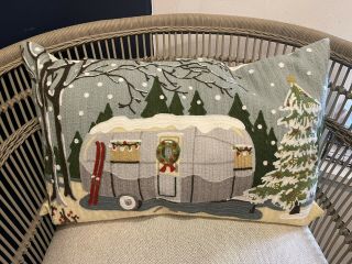 Pottery Barn Airstream Camper Christmas Crewel Embroidered Pillow Cover Rare Rv