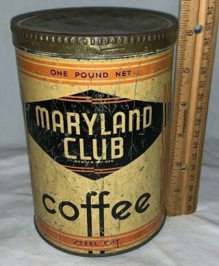 Antique Maryland Club Coffee Tin Litho 1lb Tall Can Baltimore Md Grocery Store