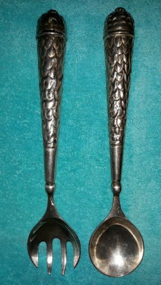 Old Vintage Set Of Salad Fork And Spoon Pinecone W/ Blk Stone 