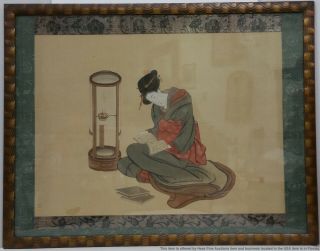 Antique 19c Large Japanese Wood Block Print On Silk Stamped Woman Reading