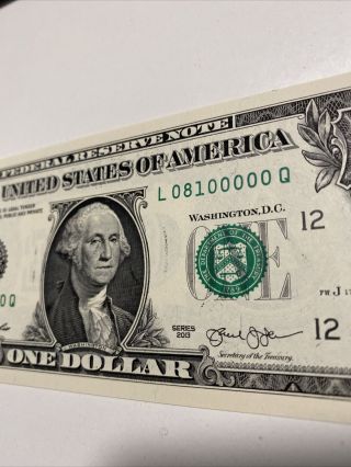 2013 $1 Dollar Bill Error Note Ink Smear Trinary Number 08100000 Unc， Top Rare！