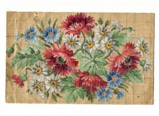Antique Berlin Woolwork Hand Painted Chart Pattern Poppies Daises Bache