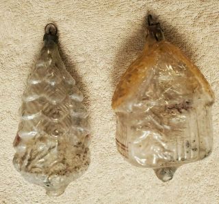 2 Antique Blown Glass Christmas Ornaments House & Tree Tinsel Unsilvered Clear