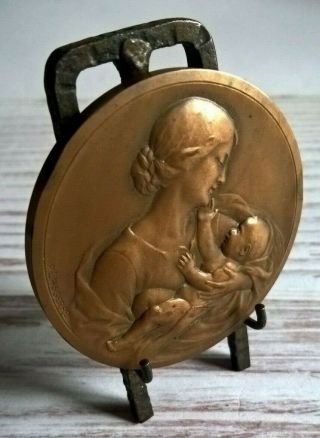 Antique Rare French Bronze Medal Maternity By Lasserre