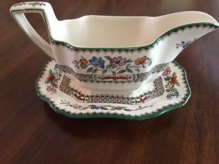 Antique Copeland Spode Chinese Rose 629599 Green Trim Gravy Boat And Tray