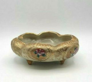Antique Porcelain China Nippon Gold Moriage Footed Bowl Dish Floral Pink Roses