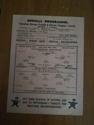 Rare 1945 Tottenham Hotspur V Derby County Football League S/s Match Programme