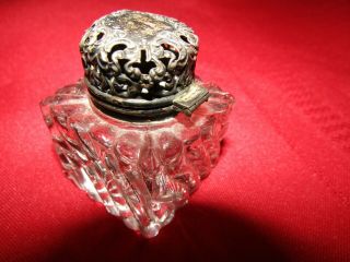 Antique Glass Ink Well Bottle Hinged Sterling Silver Top