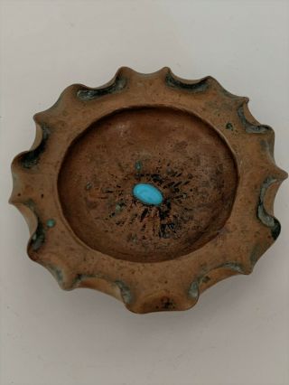 Antique Hand Hammered Copper Small Trinket/coin Dish With Turquoise Bead 4 In.