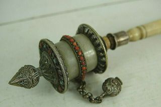 Very Old Tibetan Prayer Wheel Set With Jade Style Rings & Stones Very Rare S