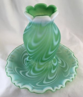 Very Rare Fenton Glass Lime Green Opalescent Satin Swirled Feather Fairy Lamp