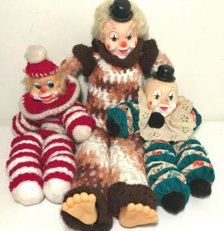 Vintage Set Of 3 Handmade Clown Dolls 2 Crocheted Yarn & 1 Cloth Outfit