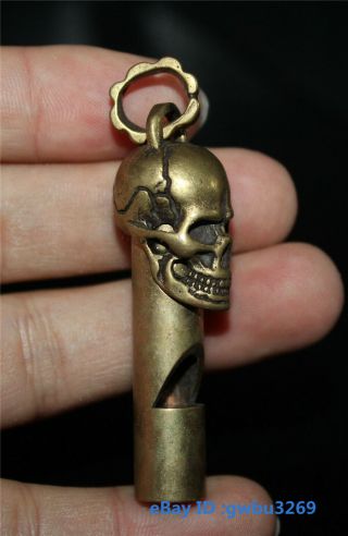 Chinese Old Brass Hand - Carved Skull Statues Pendant Whistle