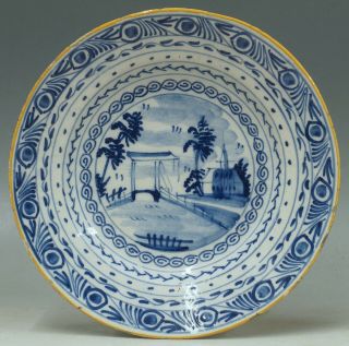 @ A Good @ Antique Handpainted Dutch 18th C Delft Plate With Drawbridge Rare