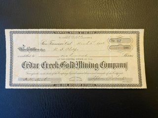 1903 Cedar Creek Gold Mining Co.  Stock Certificate El Dorado,  California Rare