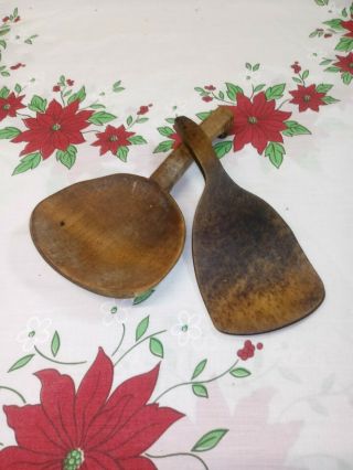 2 Antique Primitive Kitchen Old Wood Butter Dough Paddle Spoon Hook