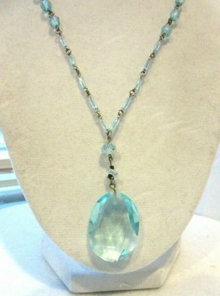 Antique Silver Tone & Blue Glass Bead Necklace With Blue Glass Pendant