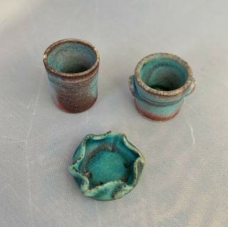 Set Of 3 Dollhouse Miniature Artisan Art Pottery Containers Stoneware