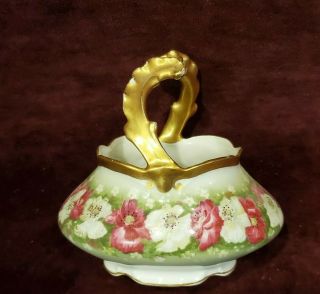 Antique A.  Lanternier Limoges France Porcelain Basket Floral Gold Trim & Handle