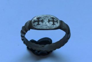 Rare Ancient Byzantine Silver Ring With Two Crosses On Bezel 800 - 1000 Ad