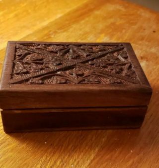 Vintage Rustic Hand - Carved Small Wood Trinket Stash Box Made In India