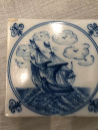 Vintage Portuguese Tile Blue And White With Ship
