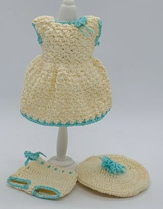 Vintage Mommy - Made Ivory & Aqua Knit Dress Fits Ginny W - Bloomers & Hat - Precious