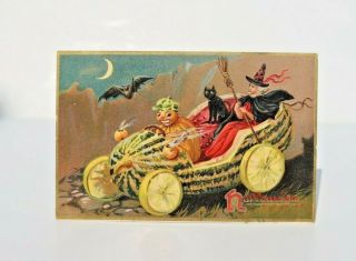 Antique Raphael Tuck Halloween Post Card With Red Witch In Watermelon Car