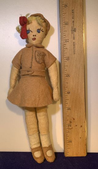 Vintage Rag Felt Brownie Doll Stiched Face Handmade Clothes Girl Scout w/ Beret 3