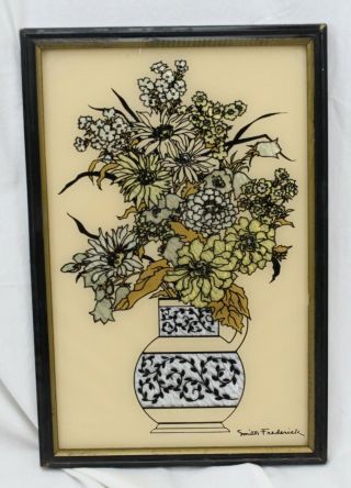 Vtg Smith Frederick Wall Art Picture Reverse Painting Foil Floral Flowers Retro