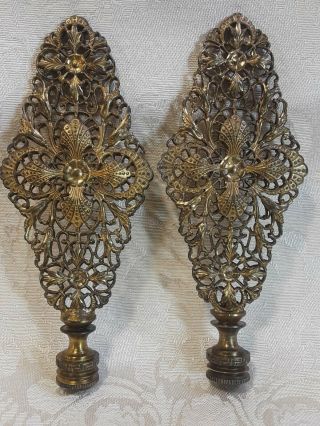 Vintage Antique Large Near 5 " Solid Brass Ornate Finials " Pair "