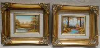 2 Vintage Oil Paintings Gold Ornate Wood Frames Landscapes