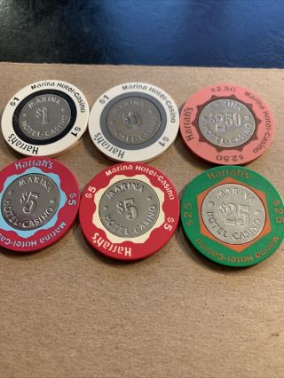 (6) Harrah’s Marina Atlantic City $1 $2.  50 $5 & $25 Rare Casino Chips Rare $25