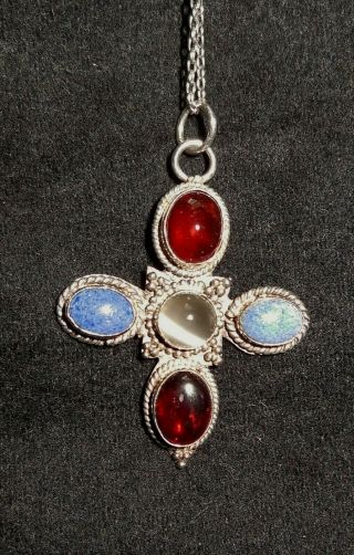 Antique Pendant Necklace,  Sterling Silver,  Moonstone,  Garnet & Lapis Lazuli